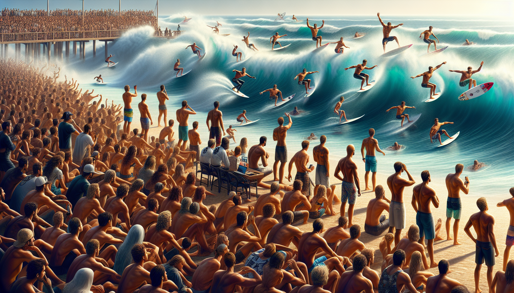 Exciting surf competition action at a Dubai beach with competitors riding waves and crowd cheering