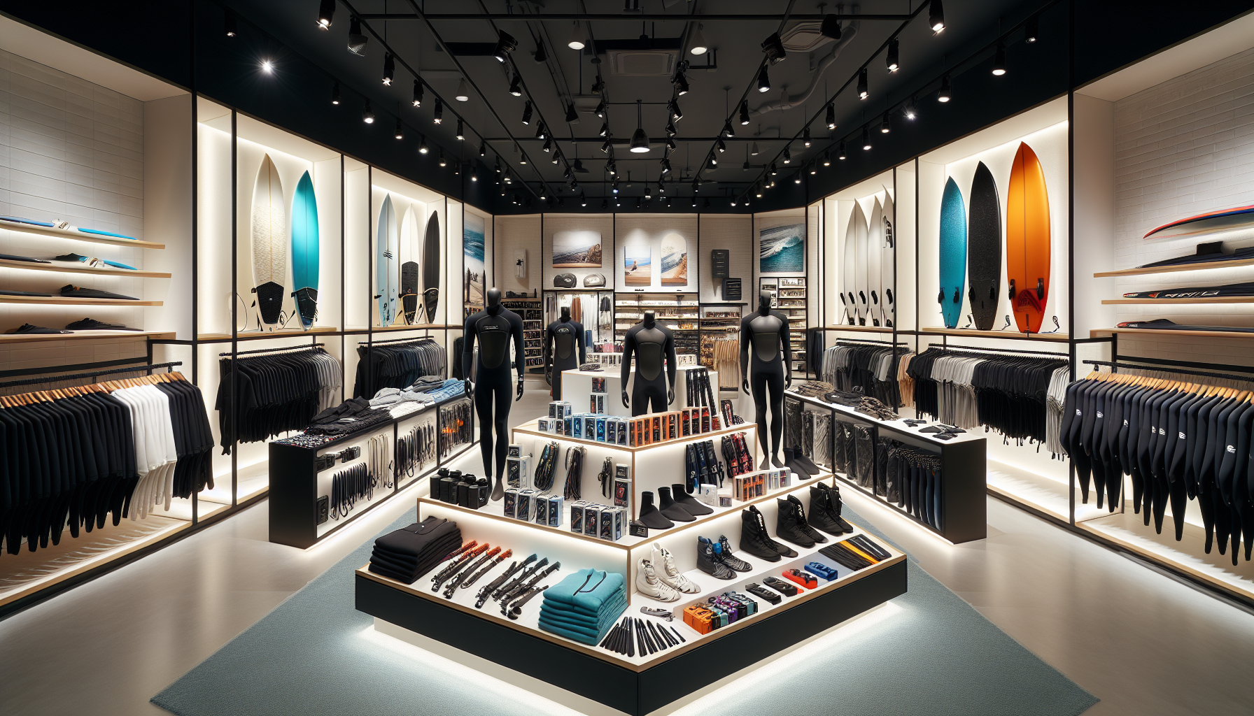 Comprehensive display of surf equipment including boards, wetsuits, and accessories in a Dubai surf shop