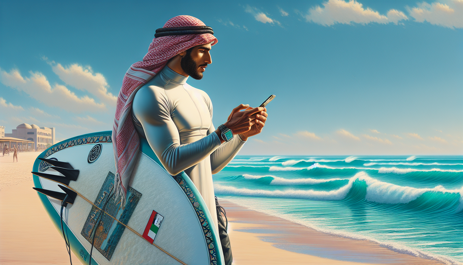 Surfer checking surf forecast on phone while watching waves at Sunset Beach Dubai