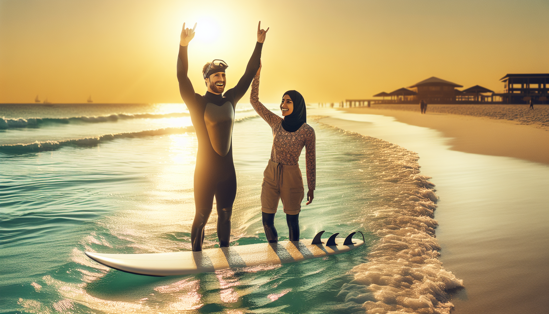 Beginner surfer learning to stand on a board at Sunset Beach Dubai with instructor