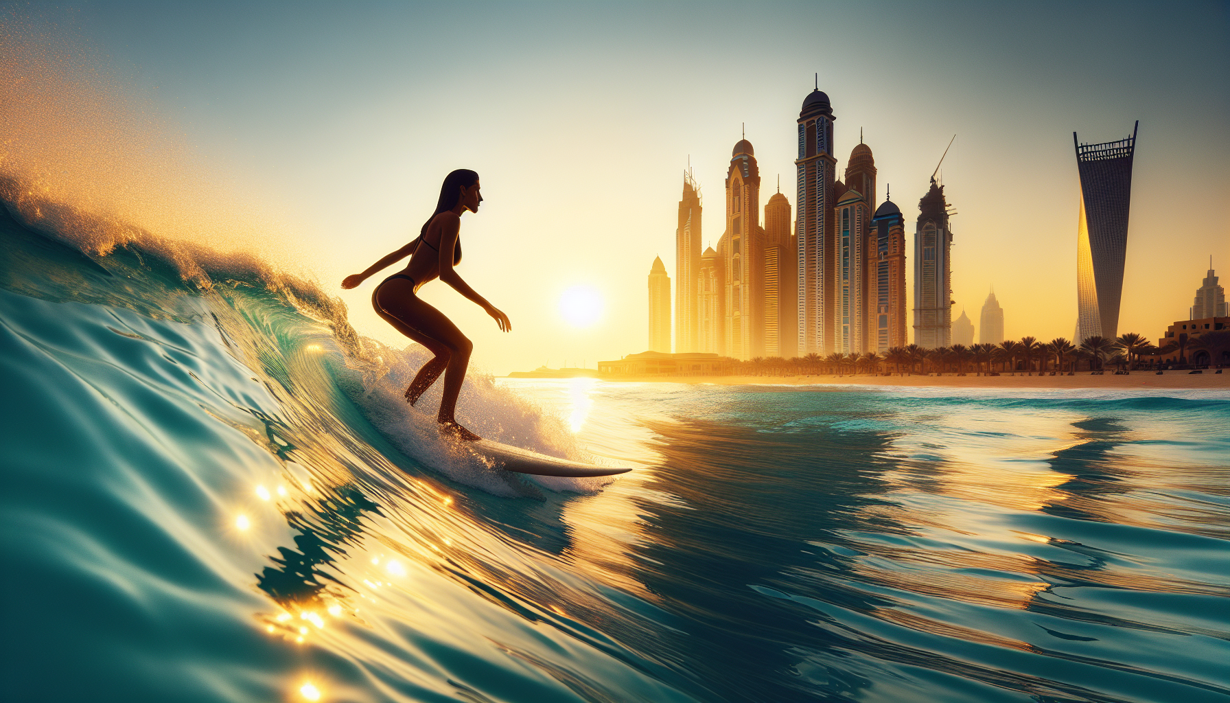 Surfer catching a wave at Sunset Beach Dubai with Burj Al Arab in background